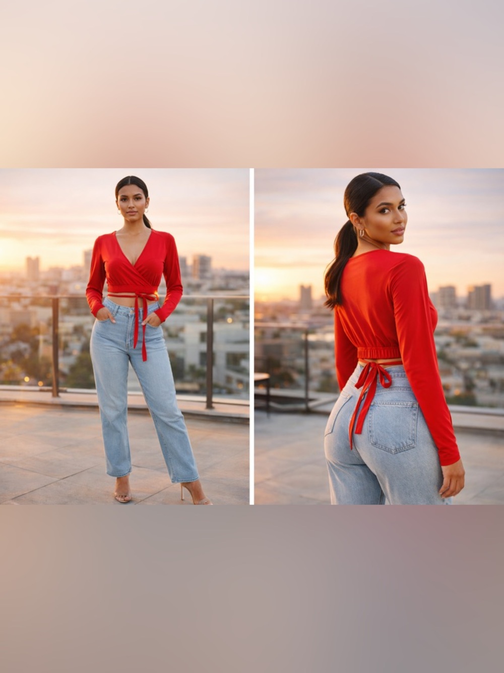 Good American Red Long Sleeve NWOT Crop Top Tie Front Ruched Size 2 Stretch